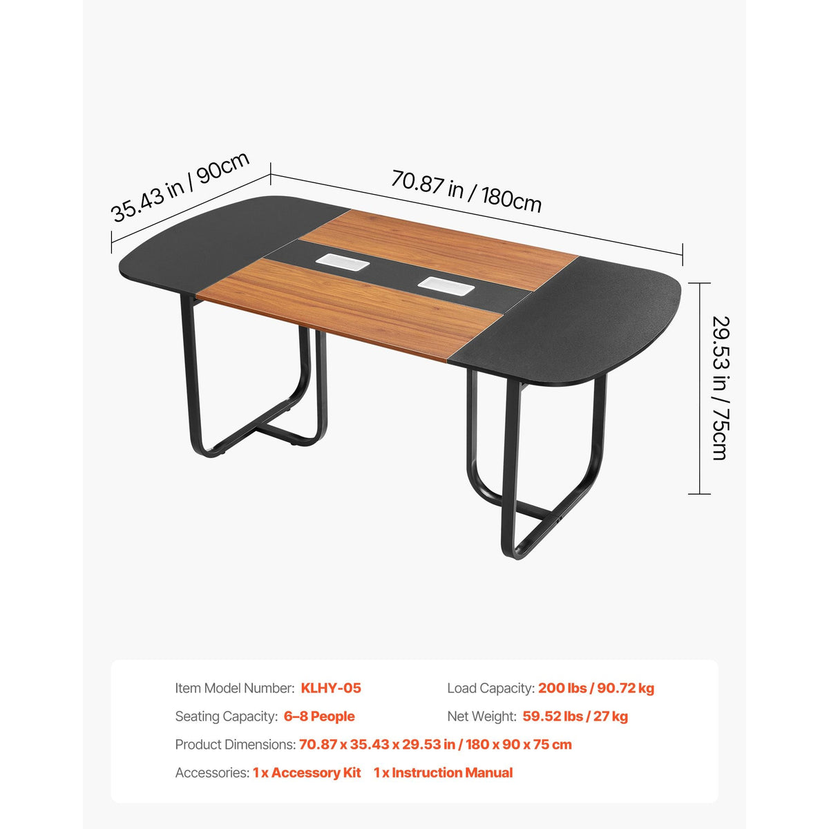 Conference Table, 6 ft Oval Office Meeting Table for 6-8 Person, Modern Seminar Desk with Metal Legs, Large Meeting Desk for Office, Boardroom, Conference Room, Easy Assembly, Black & Brown