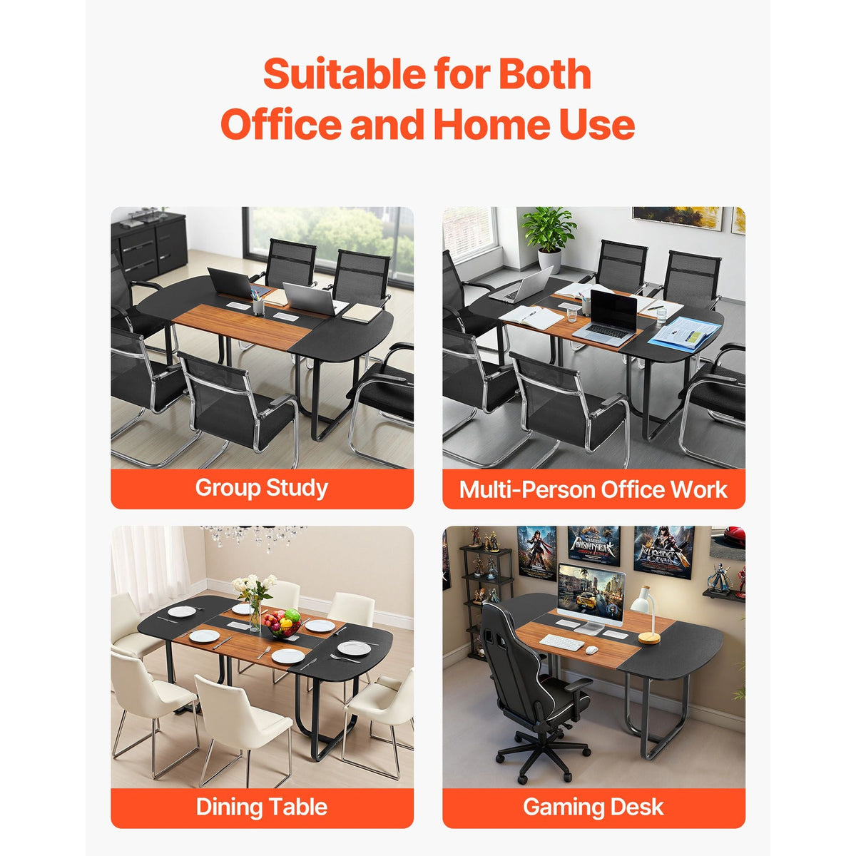 Conference Table, 6 ft Oval Office Meeting Table for 6-8 Person, Modern Seminar Desk with Metal Legs, Large Meeting Desk for Office, Boardroom, Conference Room, Easy Assembly, Black & Brown