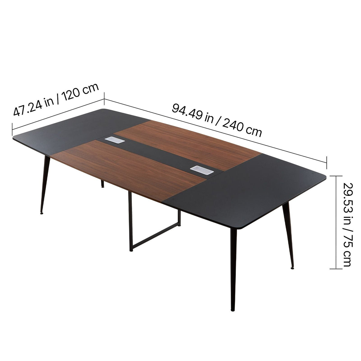 Conference Table, 8 ft Boat Shaped Office Meeting Table for 10 Person, Modern Large Boat Meeting Desk with Metal Legs, Ideal for Office, Boardroom, Conference Room, Easy Assembly, Black & Brown