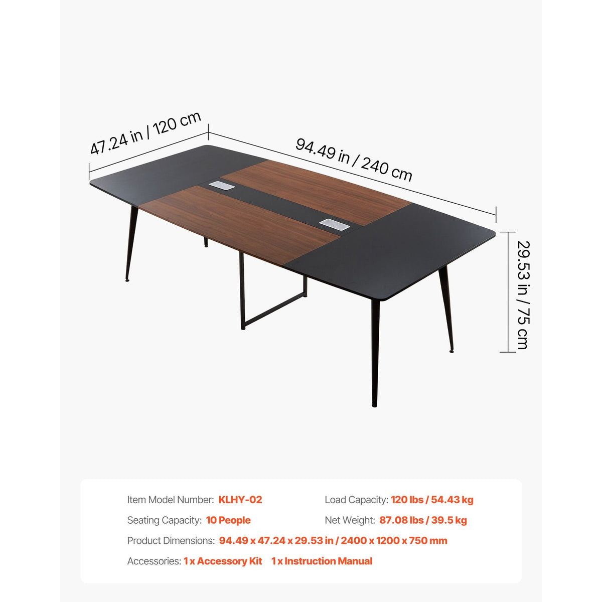 Conference Table, 8 ft Boat Shaped Office Meeting Table for 10 Person, Modern Large Boat Meeting Desk with Metal Legs, Ideal for Office, Boardroom, Conference Room, Easy Assembly, Black & Brown