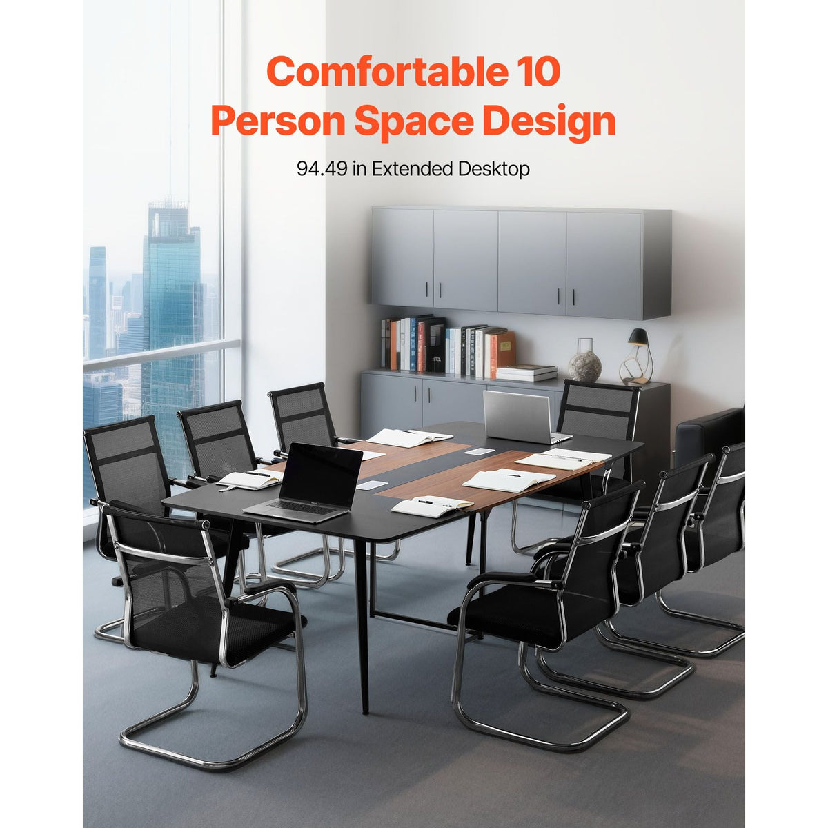 Conference Table, 8 ft Boat Shaped Office Meeting Table for 10 Person, Modern Large Boat Meeting Desk with Metal Legs, Ideal for Office, Boardroom, Conference Room, Easy Assembly, Black & Brown