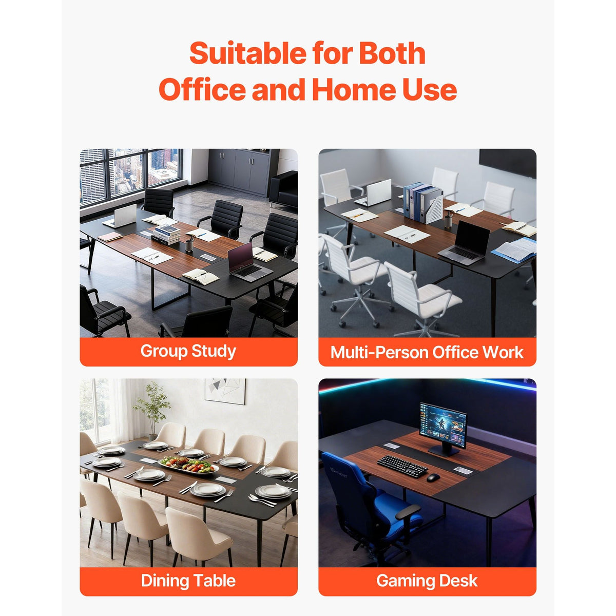 Conference Table, 8 ft Boat Shaped Office Meeting Table for 10 Person, Modern Large Boat Meeting Desk with Metal Legs, Ideal for Office, Boardroom, Conference Room, Easy Assembly, Black & Brown