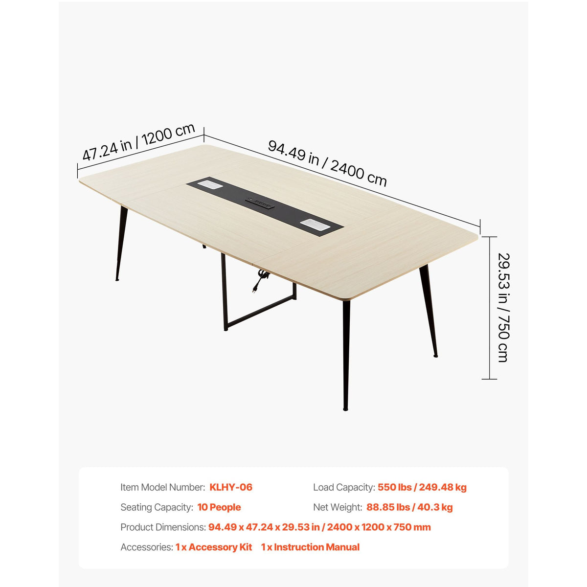 Conference Table, 8 ft Boat Shaped Office Meeting Table with Charge Station for 10 Person, Modern Boat Seminar Meeting Desk with Metal Legs for Office, Boardroom, Conference Room, Easy Assembly