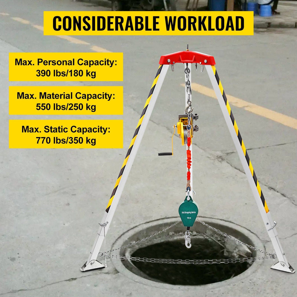 Confined Space Tripod Kit 1200LBS Winch, Confined Space Tripod 7\' Leg Bracket and 98\' Cable, Confined Space Rescue Tripod 32.8\' Fall Protection for Traditional Confined Spaces