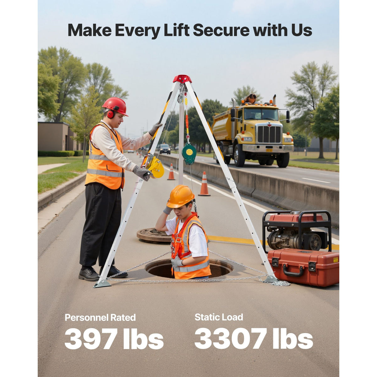 Confined Space Tripod Kit, Heavy Duty Rescue Tripod Lifting Hoist 1200 lbs Winch, 4.1 ft Adjustable Legs, 65 ft Cable Portable Kit, 32.8 ft Fall Protection, 4.40-7.05 ft Working Height