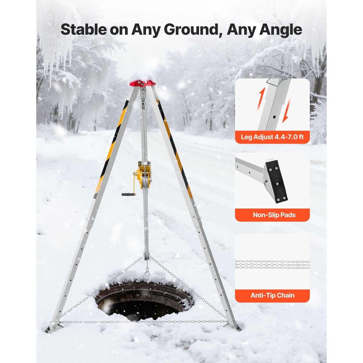 Confined Space Tripod Kit, Heavy Duty Rescue Tripod Lifting Hoist 1200 lbs Winch, 4.1 ft Adjustable Legs, 65 ft Cable Portable Kit, 32.8 ft Fall Protection, 4.40-7.05 ft Working Height