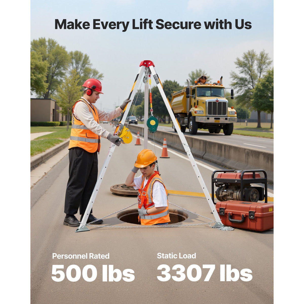 Confined Space Tripod Kit, Heavy Duty Rescue Tripod Lifting Hoist 1200 lbs Winch, 4.1 ft Adjustable Legs, 98.5 ft Cable Portable Kit, 32.8 ft Fall Protection, 4.40-7.05 ft Working Height
