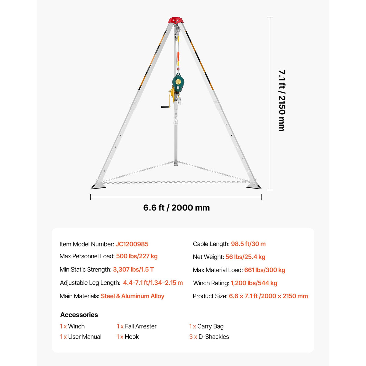 Confined Space Tripod Kit, Heavy Duty Rescue Tripod Lifting Hoist 1200 lbs Winch, 4.1 ft Adjustable Legs, 98.5 ft Cable Portable Kit, 32.8 ft Fall Protection, 4.40-7.05 ft Working Height