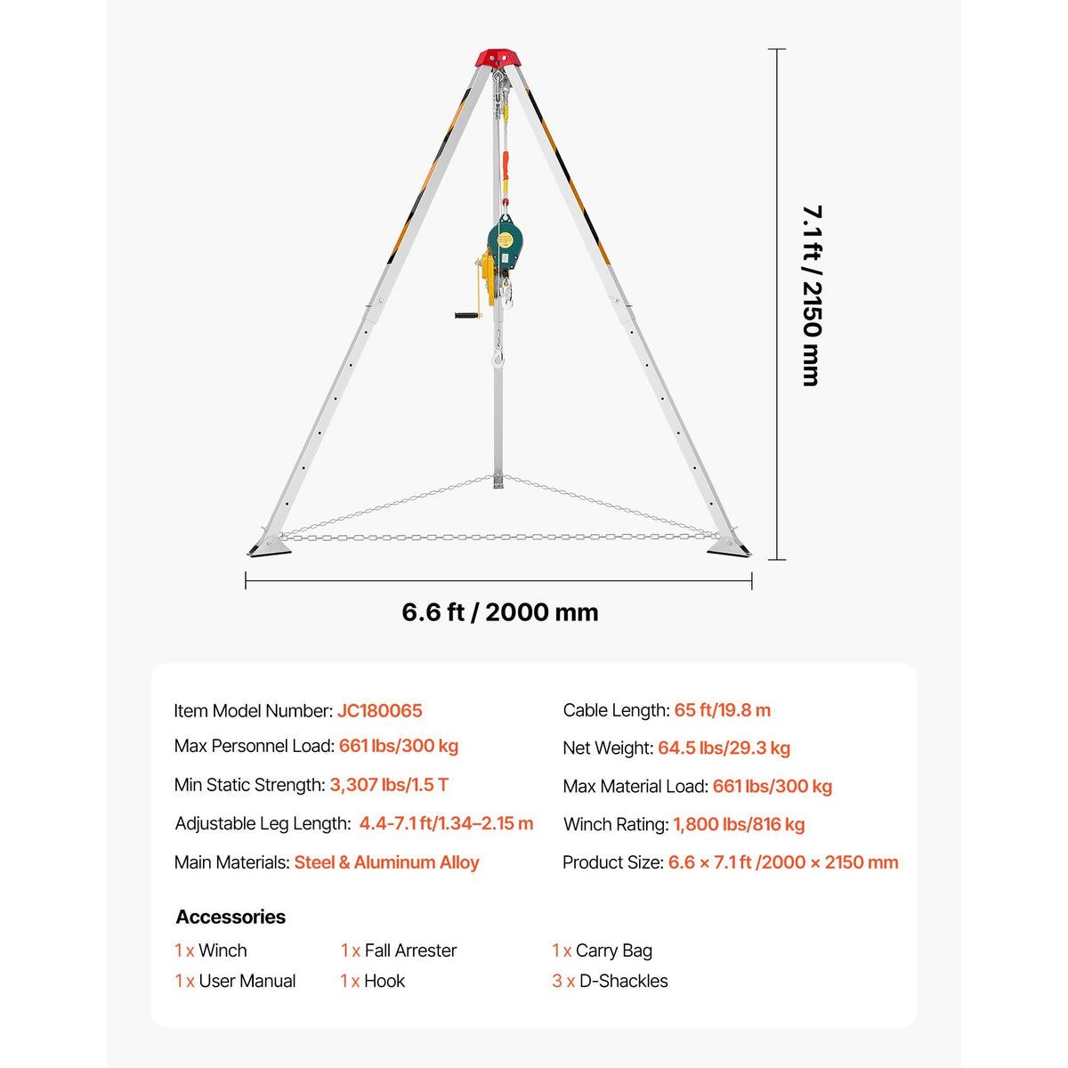 Confined Space Tripod Kit, Heavy Duty Rescue Tripod Lifting Hoist 1800 lbs Winch, 4.1 ft Adjustable Legs, 65 ft Cable Portable Kit, 32.8 ft Fall Protection, 4.40-7.05 ft Working Height