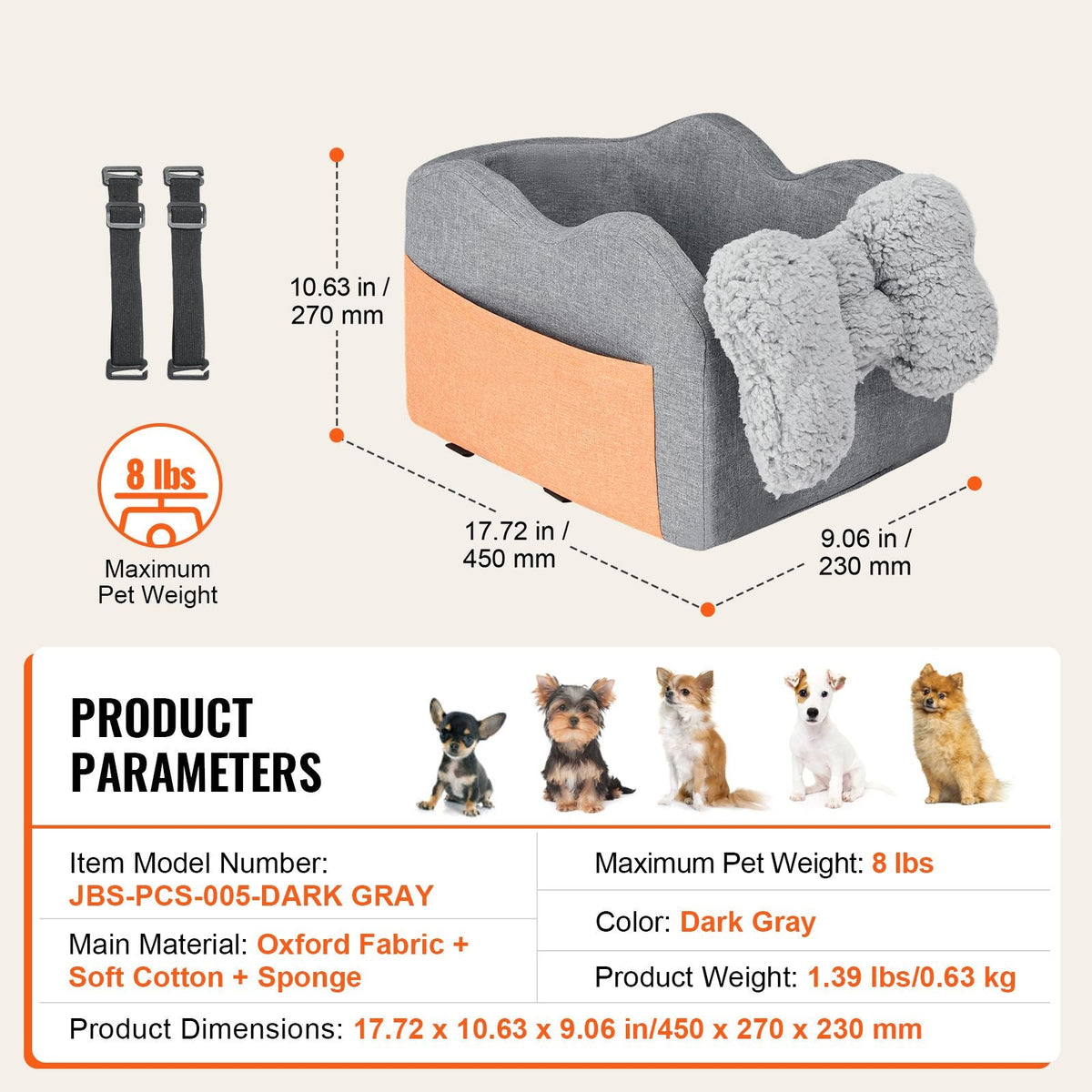 Console Dog Car Seat, Center Console Dog Booster Seat for Small Dog, Pet Car Seat for Car Armrest with Clip-On Leash, Adjustable Straps, Supports up to 8lbs, Dark Gray