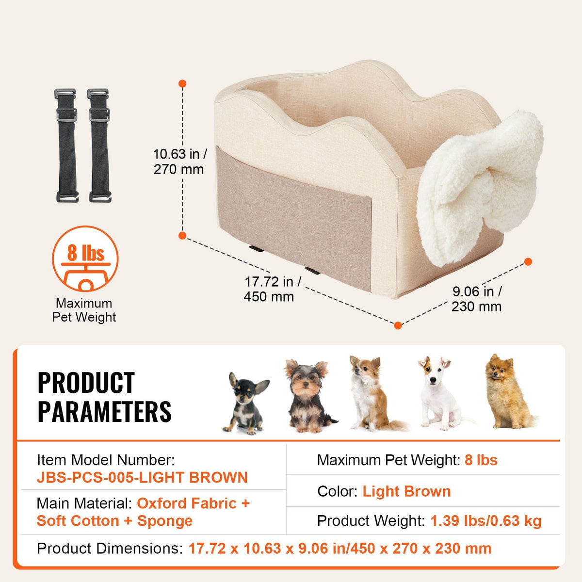 Console Dog Car Seat, Center Console Dog Booster Seat for Small Dog, Pet Car Seat for Car Armrest with Clip-On Leash, Adjustable Straps, Supports up to 8lbs, Light Brown