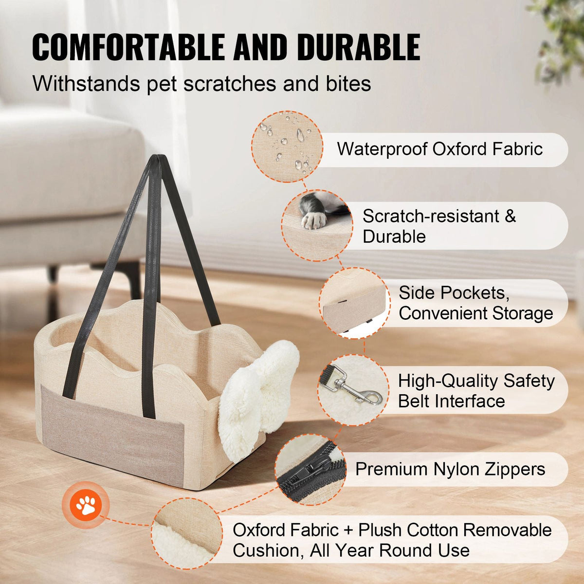 Console Dog Car Seat, Center Console Dog Booster Seat for Small Dog, Pet Car Seat for Car Armrest with Clip-On Leash, Adjustable Straps, Supports up to 8lbs, Light Brown