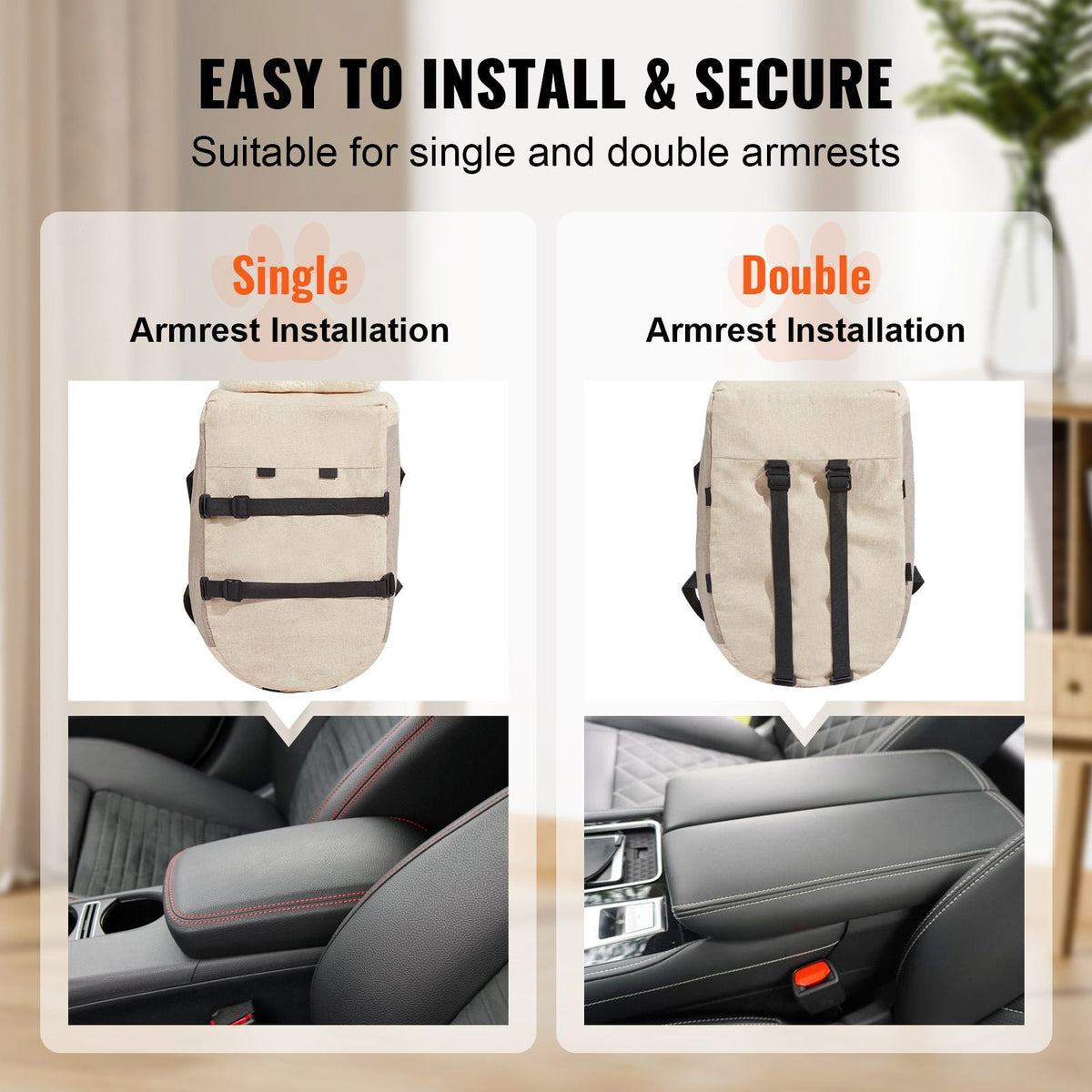 Console Dog Car Seat, Center Console Dog Booster Seat for Small Dog, Pet Car Seat for Car Armrest with Clip-On Leash, Adjustable Straps, Supports up to 8lbs, Light Brown