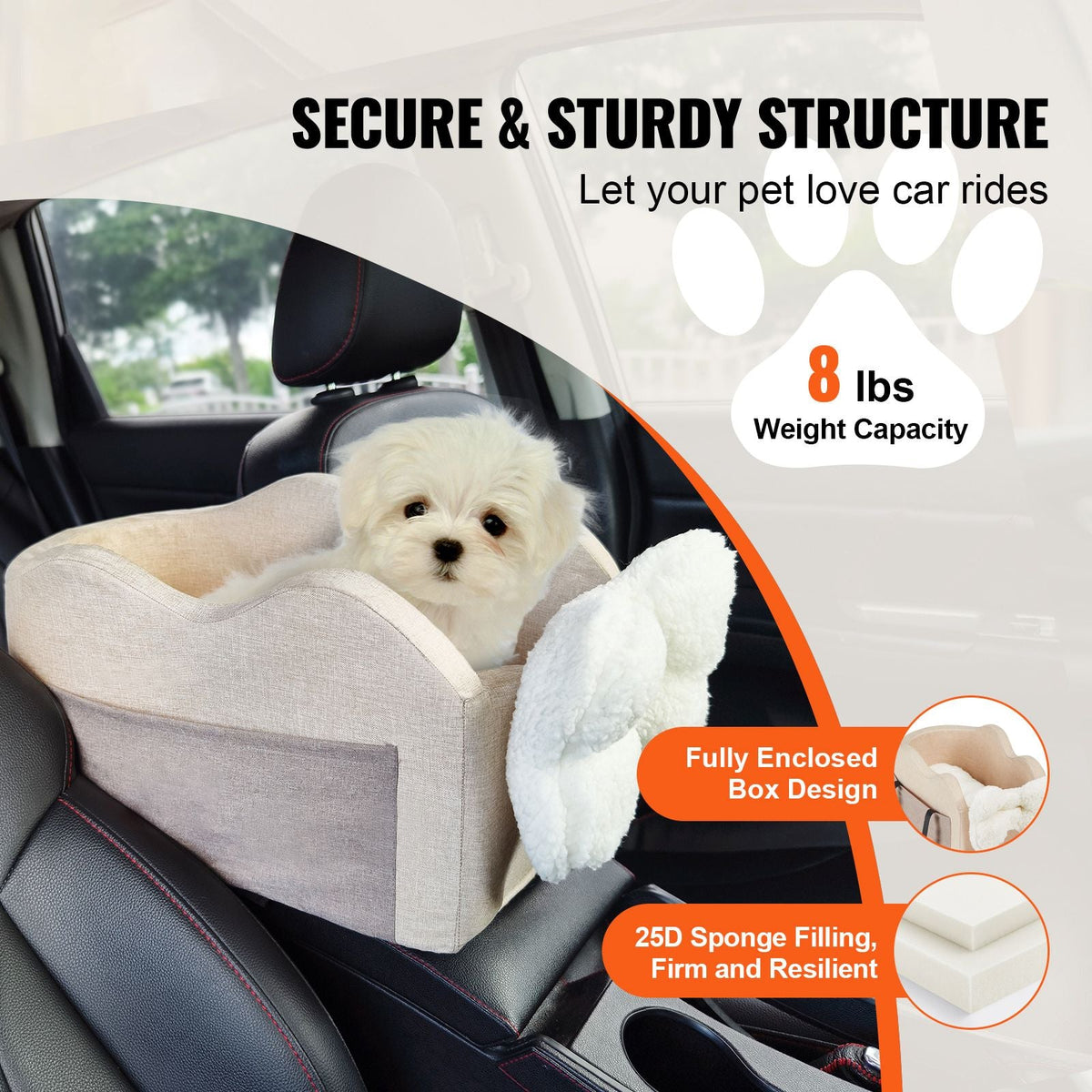 Console Dog Car Seat, Center Console Dog Booster Seat for Small Dog, Pet Car Seat for Car Armrest with Clip-On Leash, Adjustable Straps, Supports up to 8lbs, Light Brown