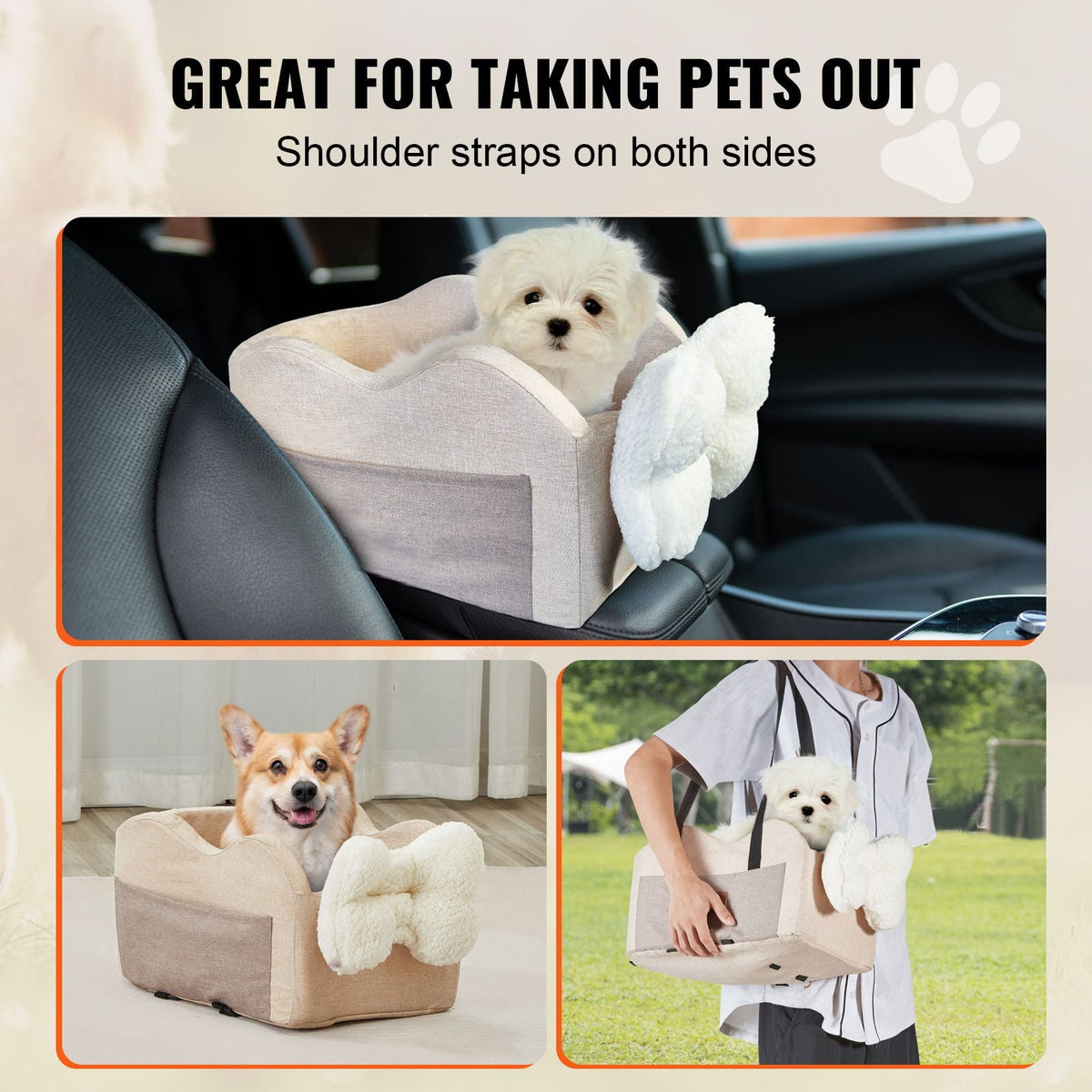Console Dog Car Seat, Center Console Dog Booster Seat for Small Dog, Pet Car Seat for Car Armrest with Clip-On Leash, Adjustable Straps, Supports up to 8lbs, Light Brown