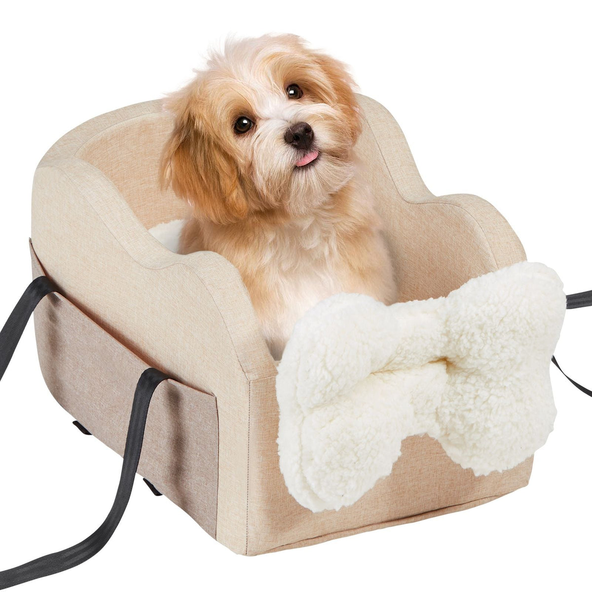 Console Dog Car Seat, Center Console Dog Booster Seat for Small Dog, Pet Car Seat for Car Armrest with Clip-On Leash, Adjustable Straps, Supports up to 8lbs, Light Brown