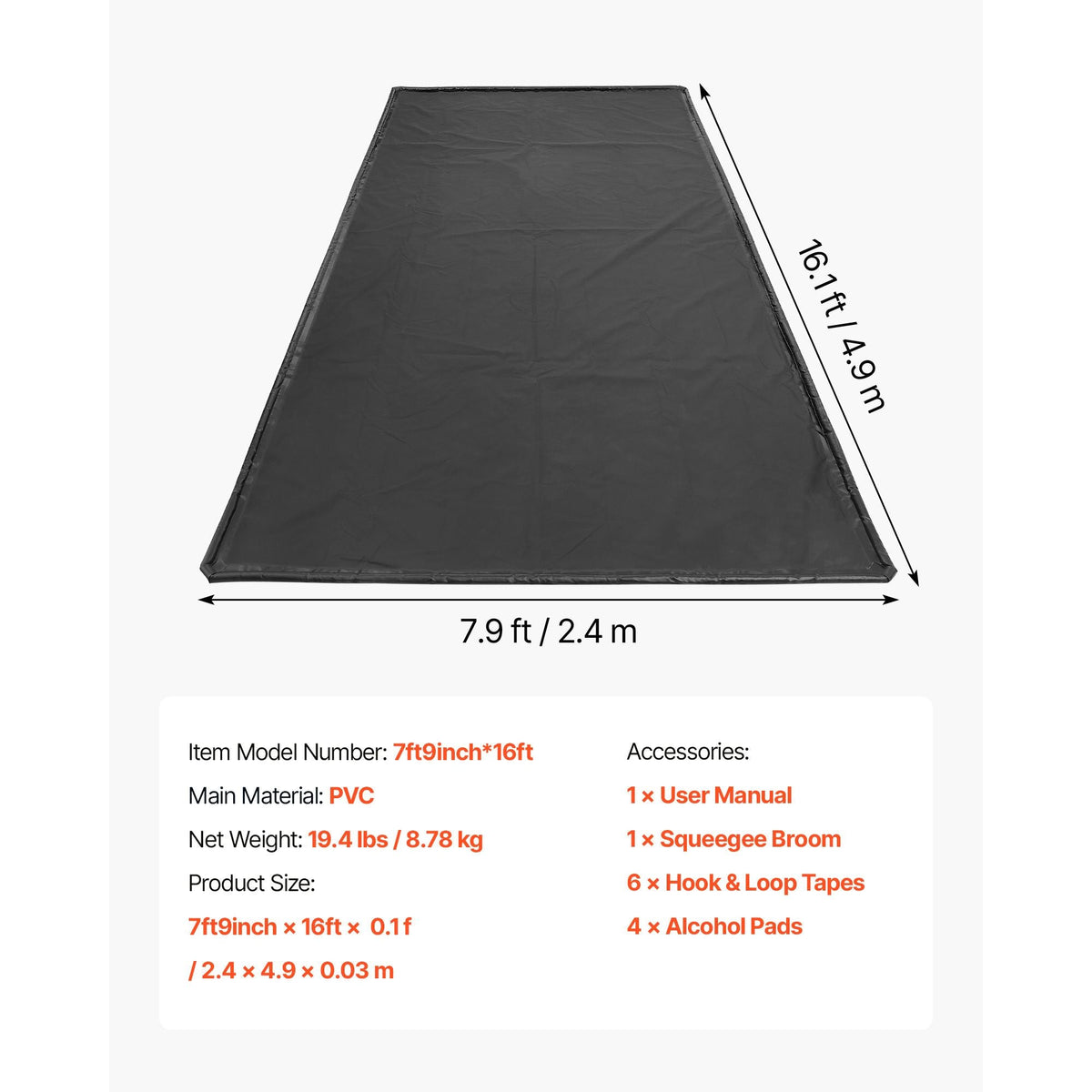 Containment Mat, 7 ft 9 in x 16 ft, Non-Slip PVC Garage Floor Mat with a Cleaning Squeegee, Heavy Duty Durable Waterproof Containment Protection from Snow, Rain and Mud for Cars Parking, Black