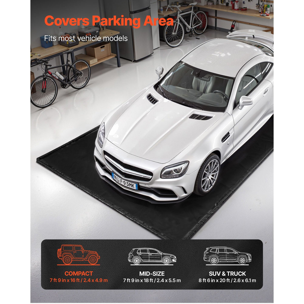 Containment Mat, 7 ft 9 in x 16 ft, Non-Slip PVC Garage Floor Mat with a Cleaning Squeegee, Heavy Duty Durable Waterproof Containment Protection from Snow, Rain and Mud for Cars Parking, Black
