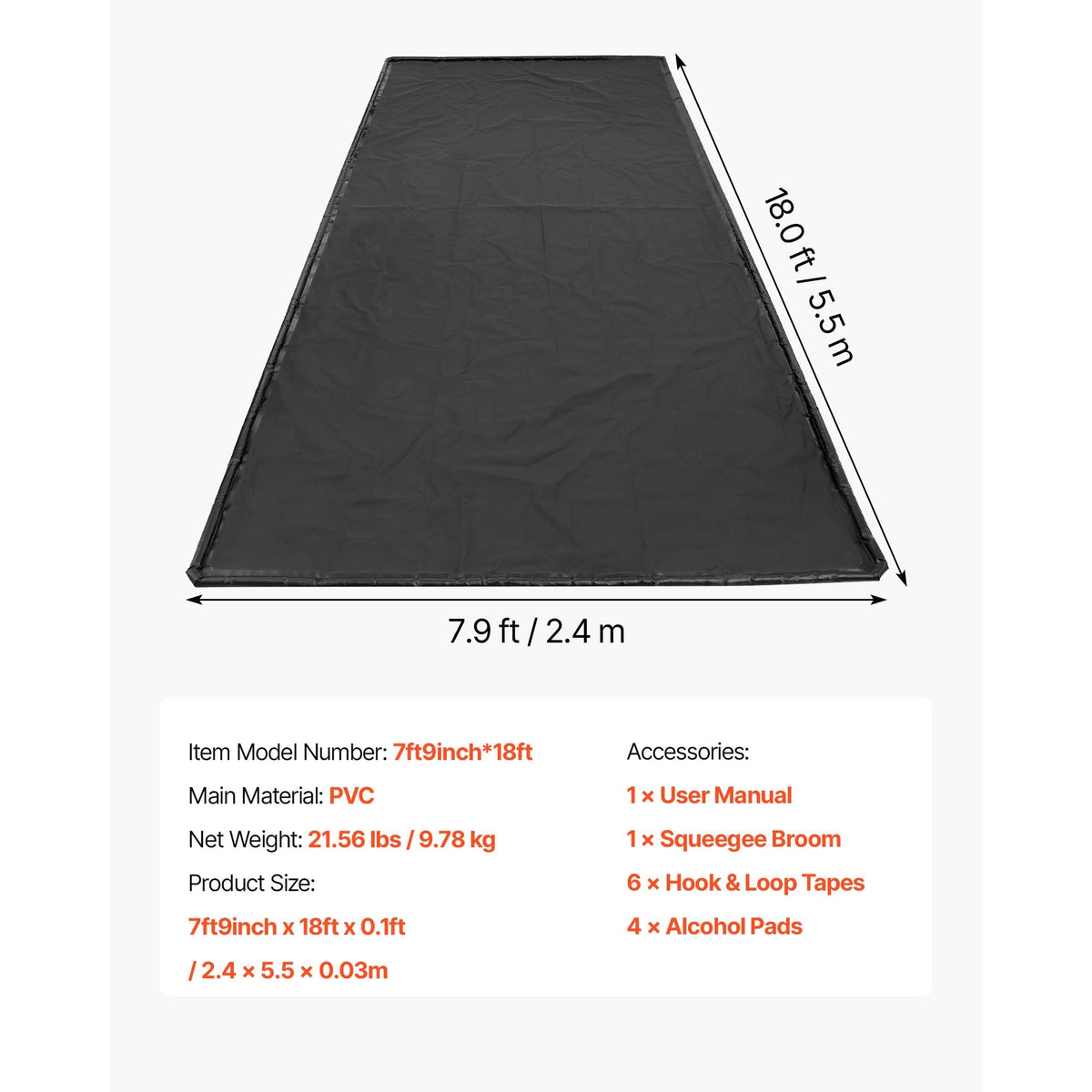 Containment Mat, 7 ft 9 in x 18 ft, Non-Slip PVC Garage Floor Mat with a Cleaning Squeegee, Heavy Duty Durable Waterproof Containment Protection from Snow, Rain and Mud for Cars Parking, Black