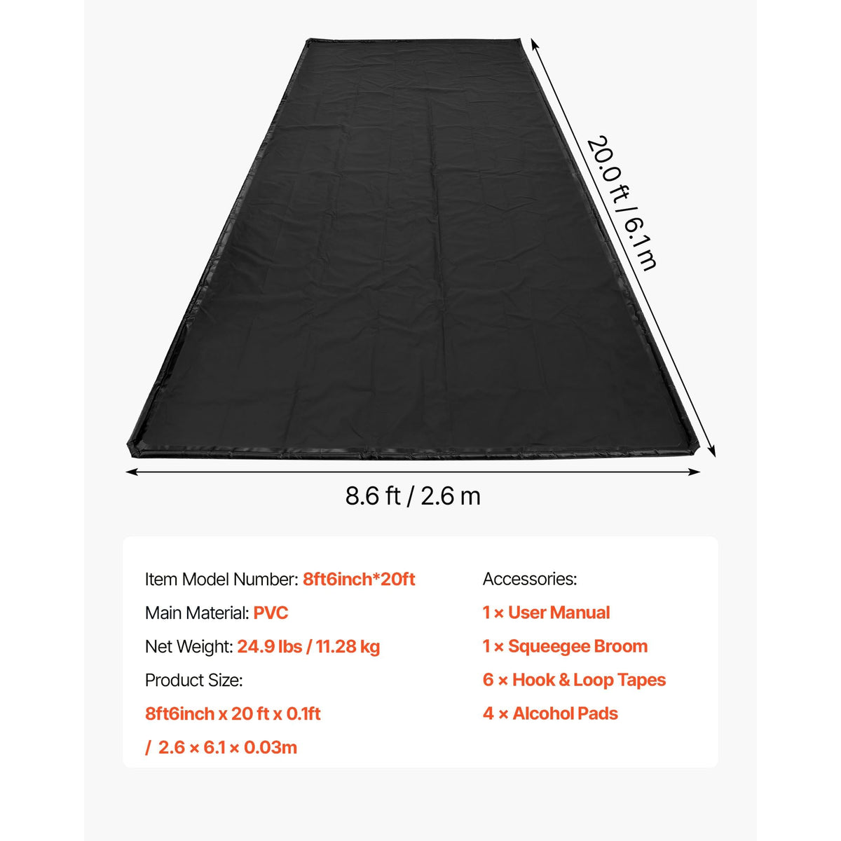 Containment Mat, 8 ft 6 in x 20 ft, Non-Slip PVC Garage Floor Mat with a Cleaning Squeegee, Heavy Duty Durable Waterproof Protection from Snow, Rain and Mud for Cars SUVs Trucks Parking, Black
