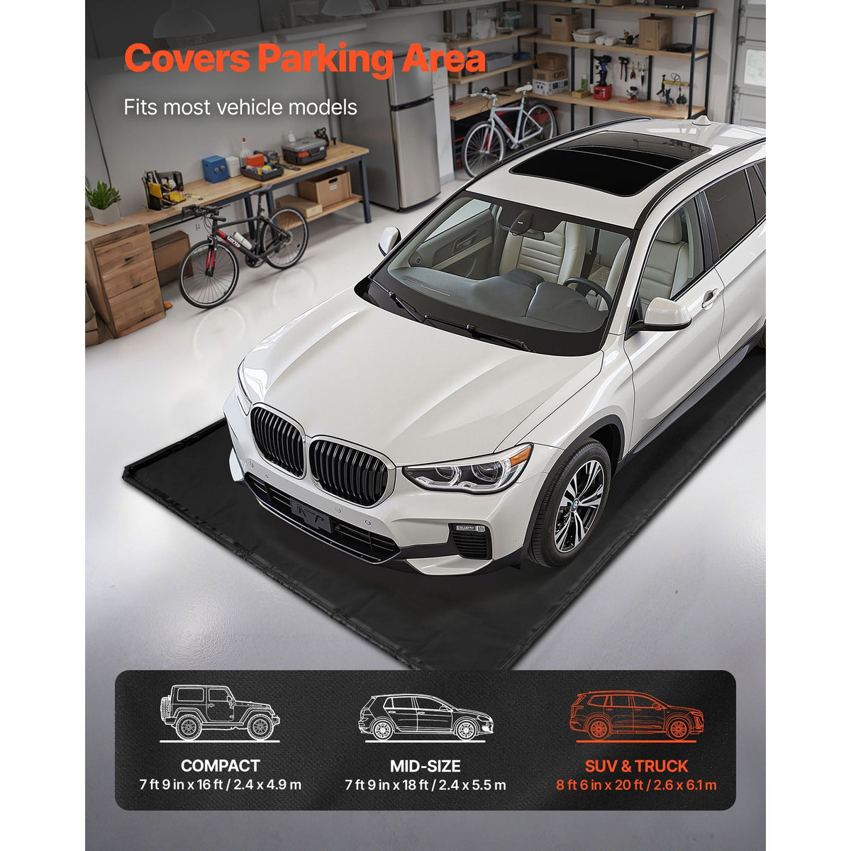 Containment Mat, 8 ft 6 in x 20 ft, Non-Slip PVC Garage Floor Mat with a Cleaning Squeegee, Heavy Duty Durable Waterproof Protection from Snow, Rain and Mud for Cars SUVs Trucks Parking, Black
