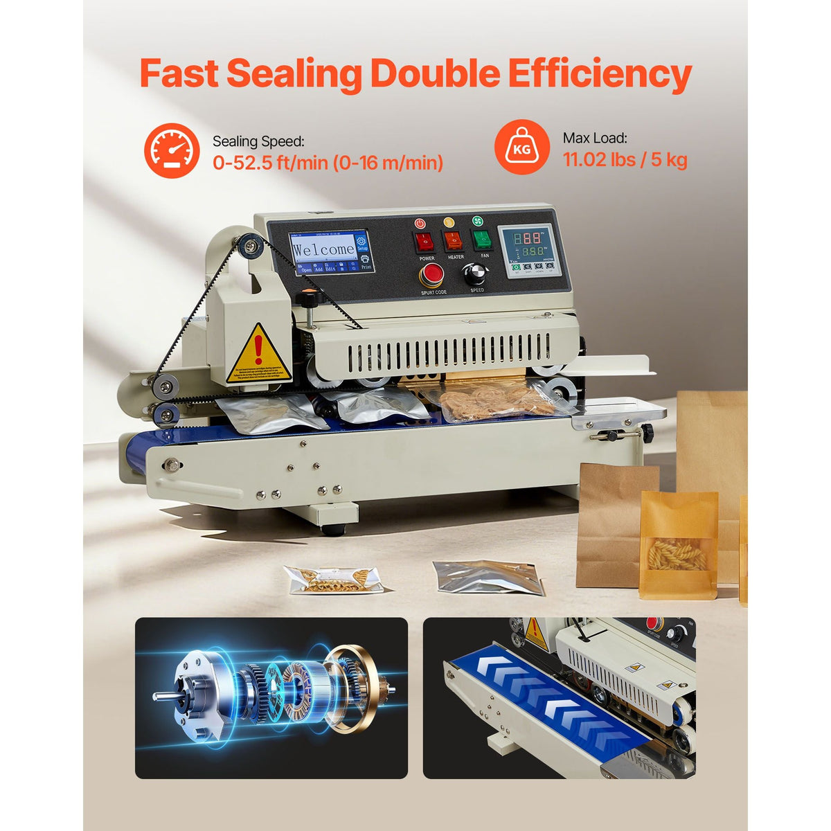 Continuous Bag Band Sealing Machine, 0.24-0.47 in Seal Width, Horizontal Band Sealer Machine with Ink Printing, Temp & Speed Adjustable, Heat Sealing Machine for 0.001-0.03 in Plastic Bags