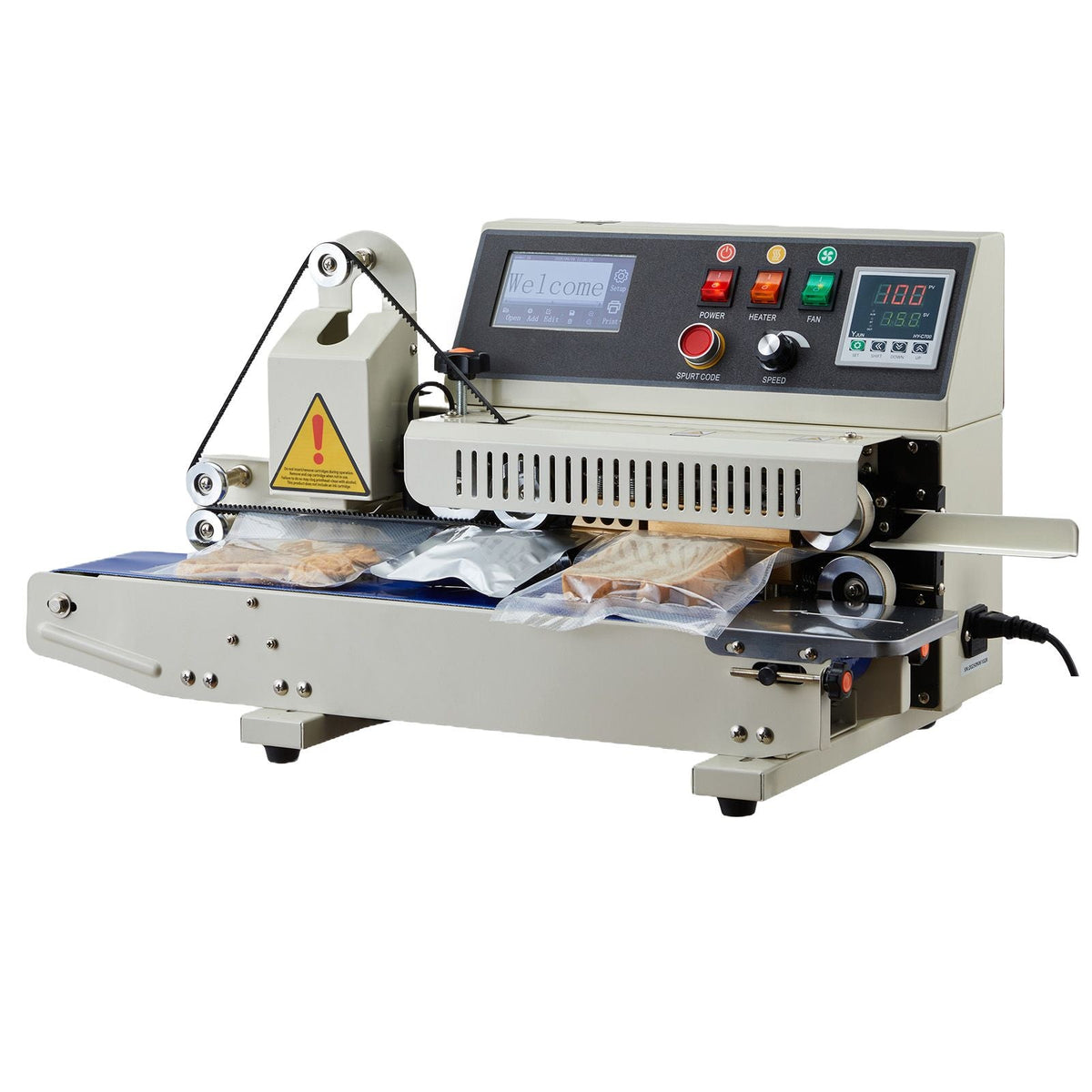 Continuous Bag Band Sealing Machine, 0.24-0.47 in Seal Width, Horizontal Band Sealer Machine with Ink Printing, Temp & Speed Adjustable, Heat Sealing Machine for 0.001-0.03 in Plastic Bags