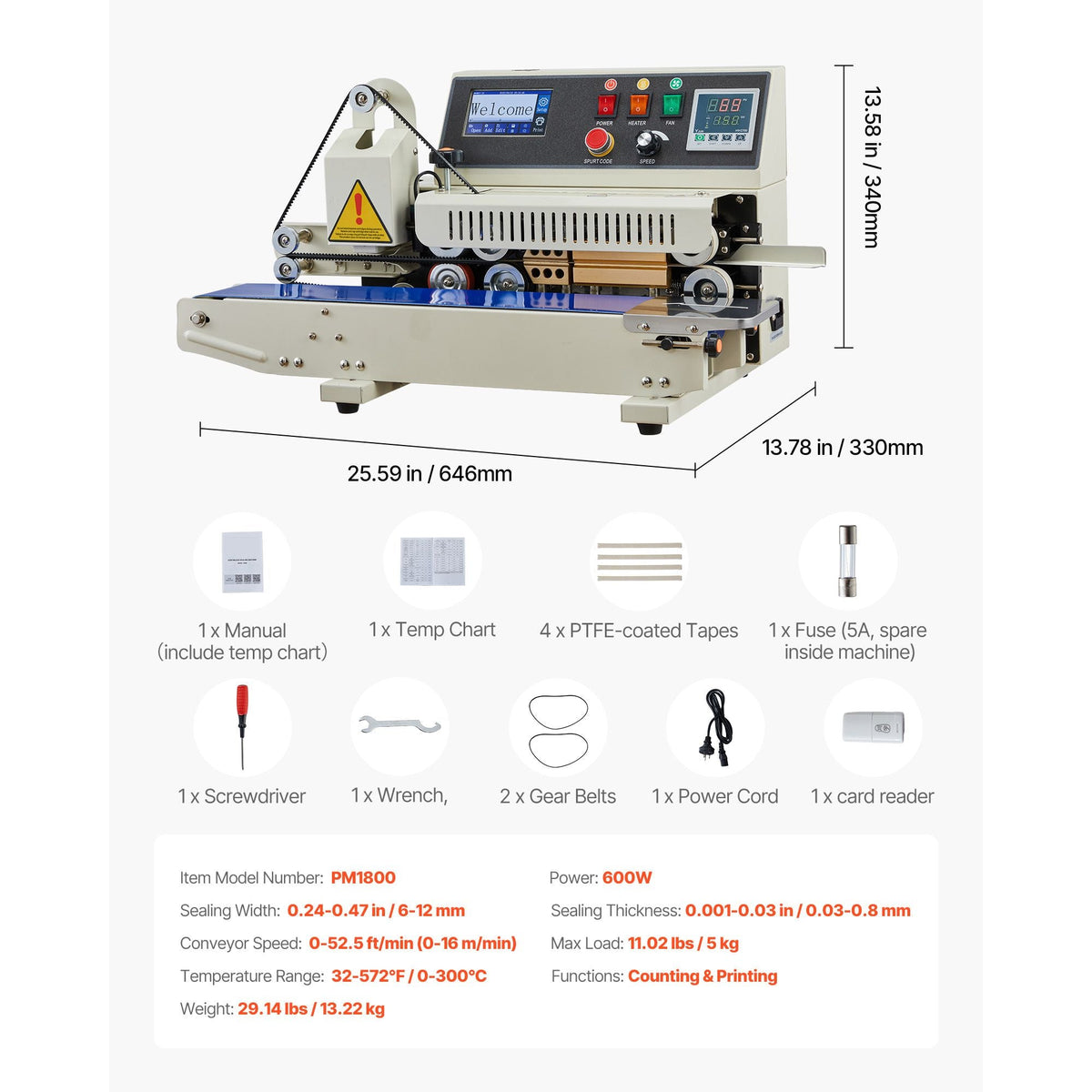 Continuous Bag Band Sealing Machine, 0.24-0.47 in Seal Width, Horizontal Band Sealer Machine with Ink Printing, Temp & Speed Adjustable, Heat Sealing Machine for 0.001-0.03 in Plastic Bags