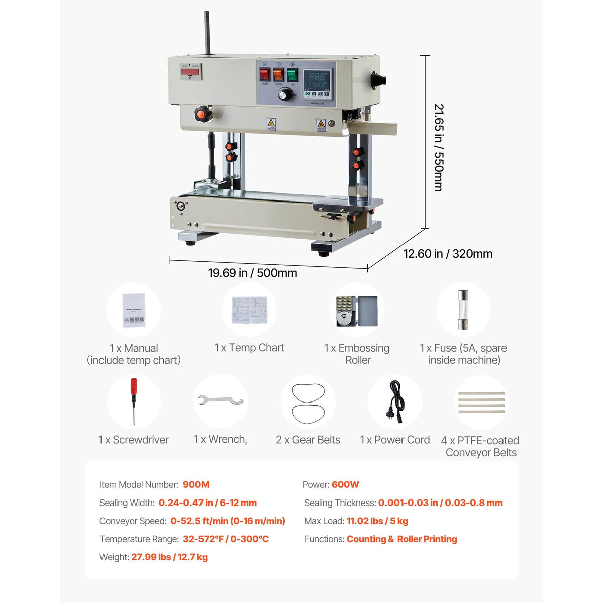 Continuous Bag Band Sealing Machine, 0.24-0.47 in Seal Width, Vertical Band Sealer Machine with Roller Printing , Temp & Speed Adjustable, Heat Sealing Machine for 0.001-0.03 in Plastic Bags