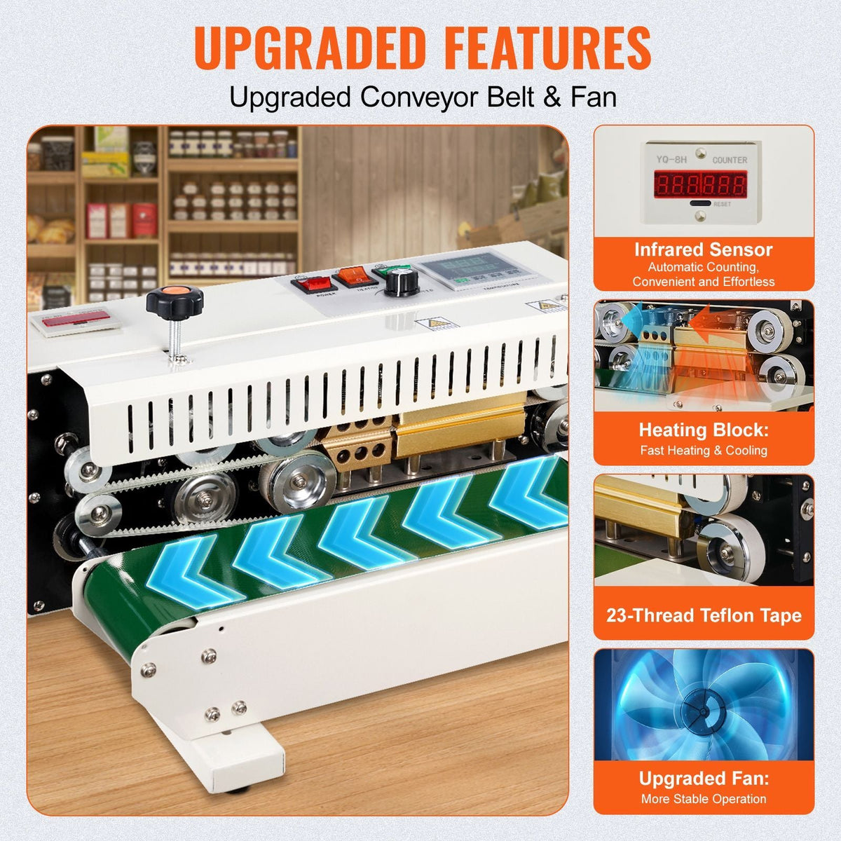 Continuous Bag Band Sealing Machine, 0.24-0.47 in/6-12 mm Seal Width, Horizontal Band Sealer Machine with Digital Temperature Control, Bag Sealer for 0.02-0.8 mm Plastic Bags with Count Function