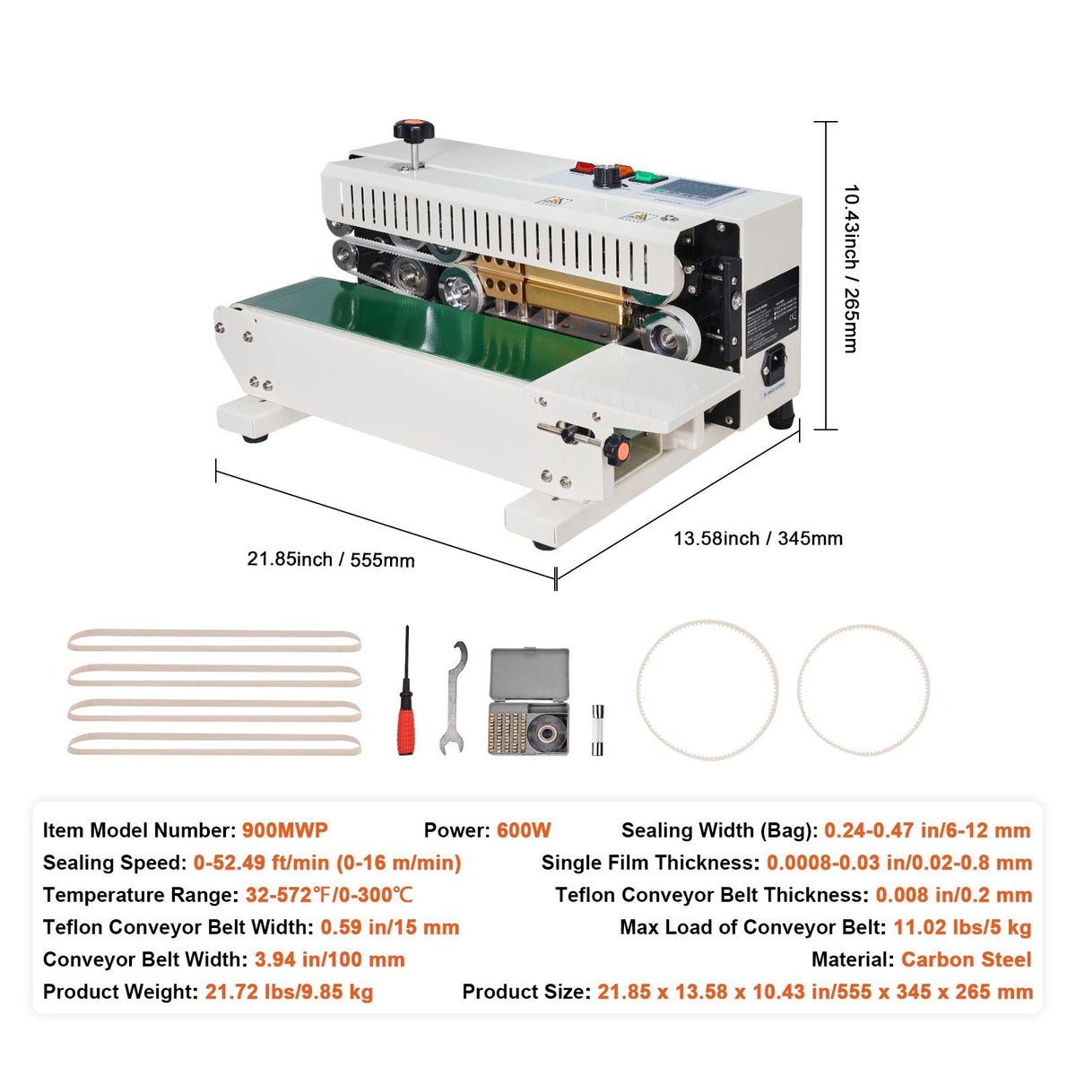 Continuous Bag Band Sealing Machine, 0.24-0.47 in/6-12 mm Seal Width, Horizontal Band Sealer Machine with Digital Temperature Control, Carbon Steel Bag Sealer for 0.02-0.8 mm Plastic Bags Films