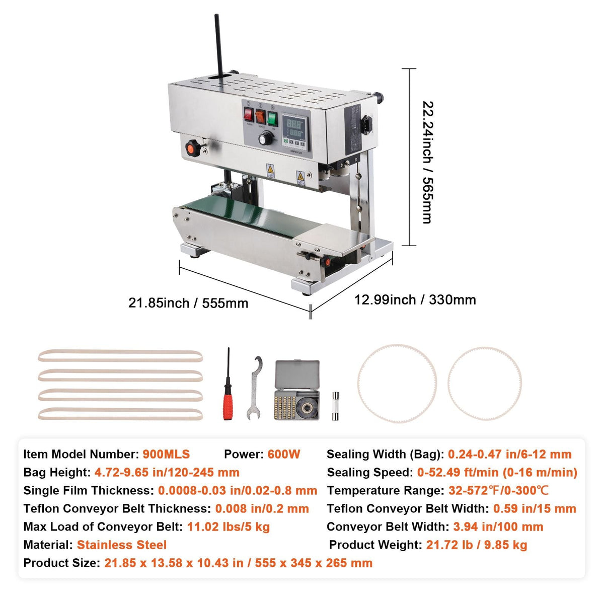 Continuous Bag Band Sealing Machine, 0.24-0.47 in/6-12 mm Seal Width, Vertical Band Sealer Machine with Digital Temperature Control, Stainless Steel Bag Sealer for 0.02-0.8 mm Plastic Bags Films