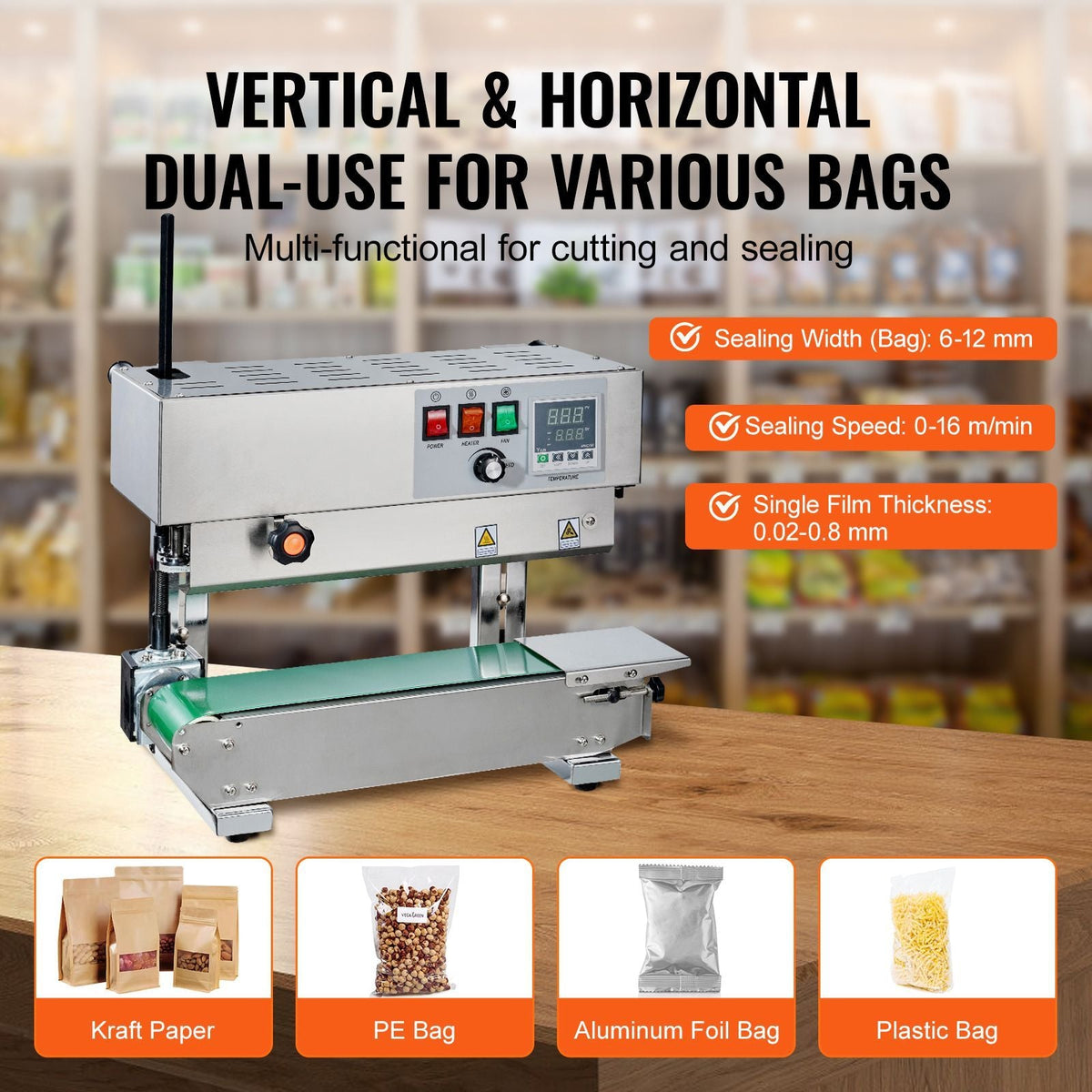 Continuous Bag Band Sealing Machine, 0.24-0.47 in/6-12 mm Seal Width, Vertical Band Sealer Machine with Digital Temperature Control, Stainless Steel Bag Sealer for 0.02-0.8 mm Plastic Bags Films