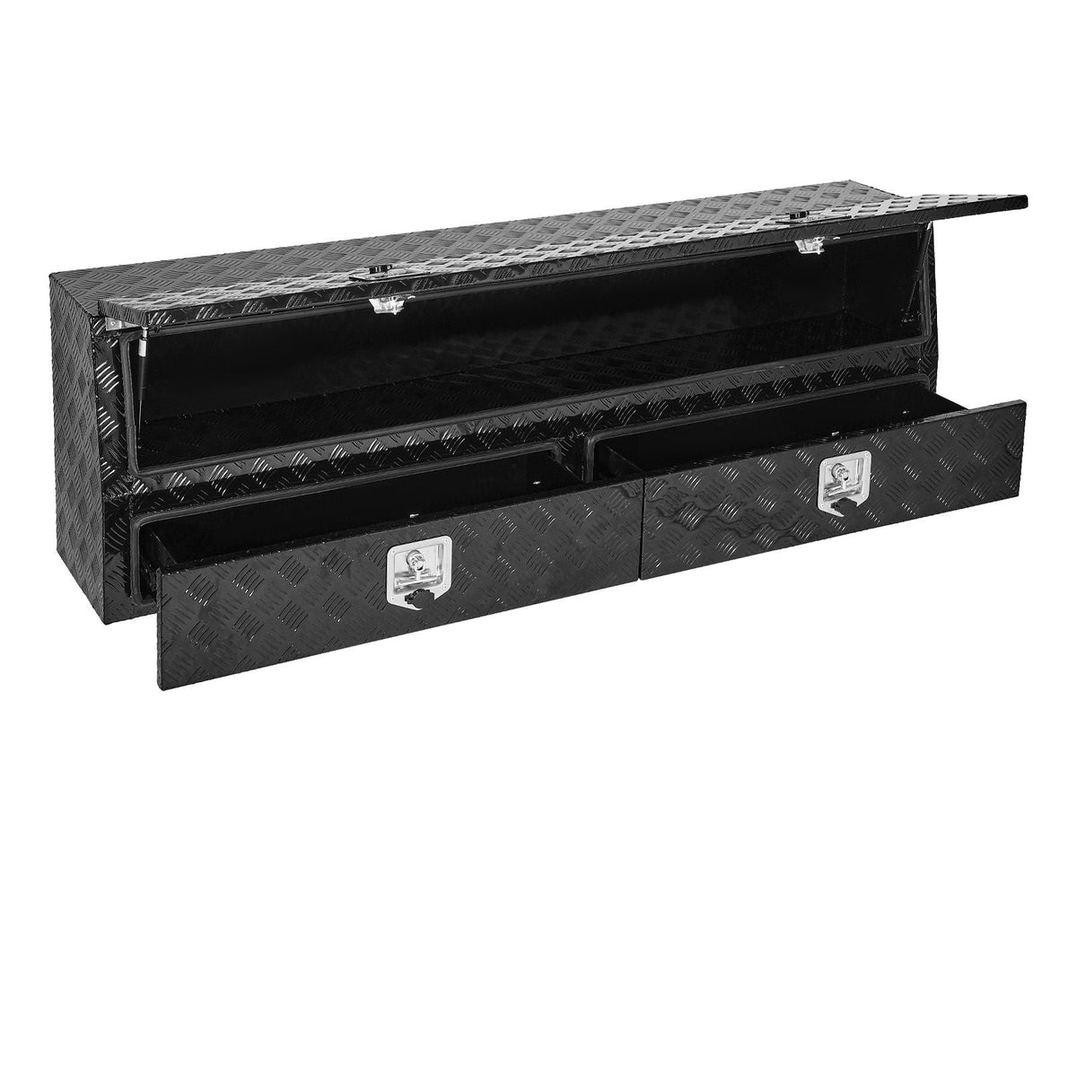 Contractor Truck Tool Box, 72 x 21 x 13 in, Black Tread Aluminum TopSider Toolbox with Two Lower Drawers, Flip Up Door, Weather-Resistant Heavy Duty Storage Box with Latch, for Truck Bed Pickup