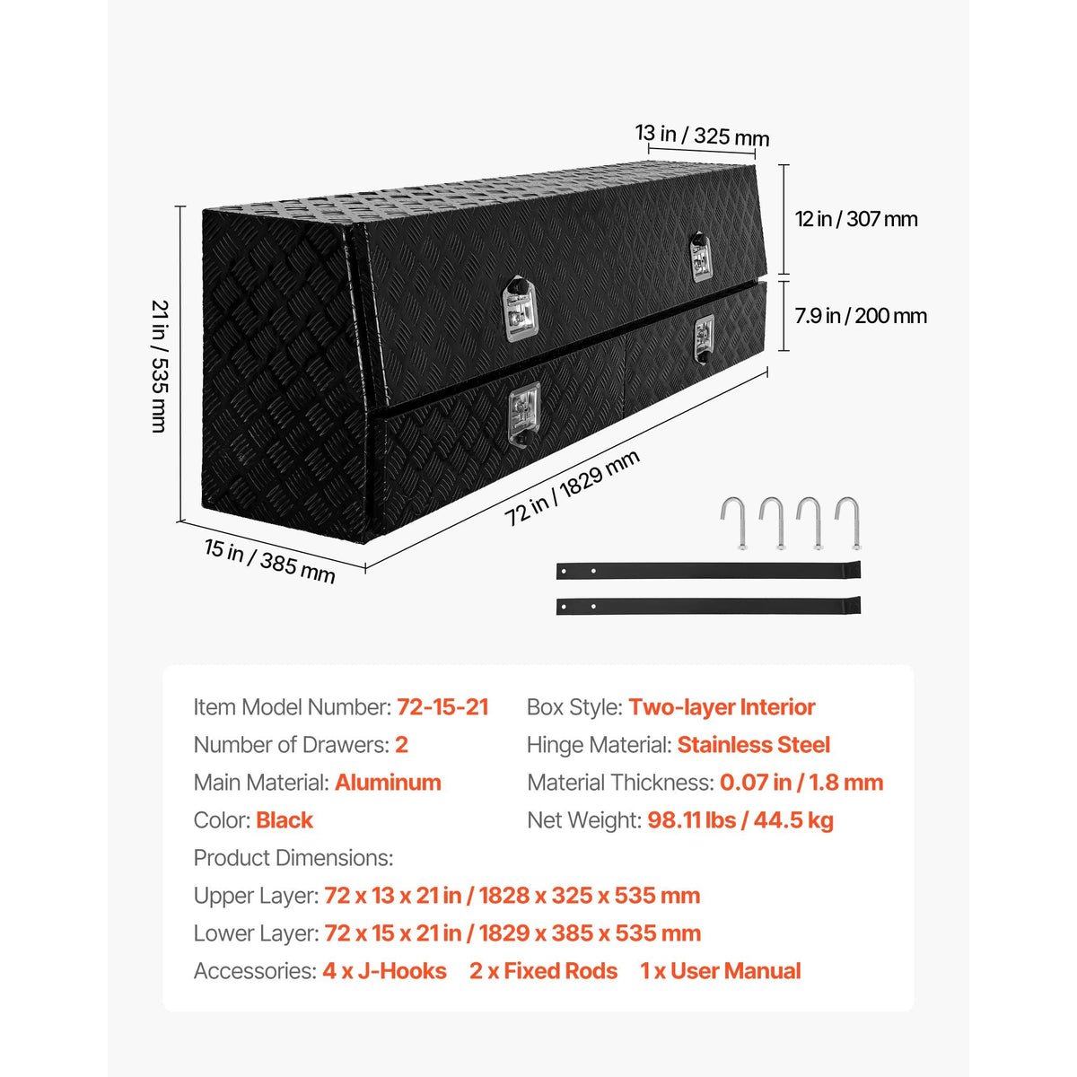 Contractor Truck Tool Box, 72 x 21 x 13 in, Black Tread Aluminum TopSider Toolbox with Two Lower Drawers, Flip Up Door, Weather-Resistant Heavy Duty Storage Box with Latch, for Truck Bed Pickup
