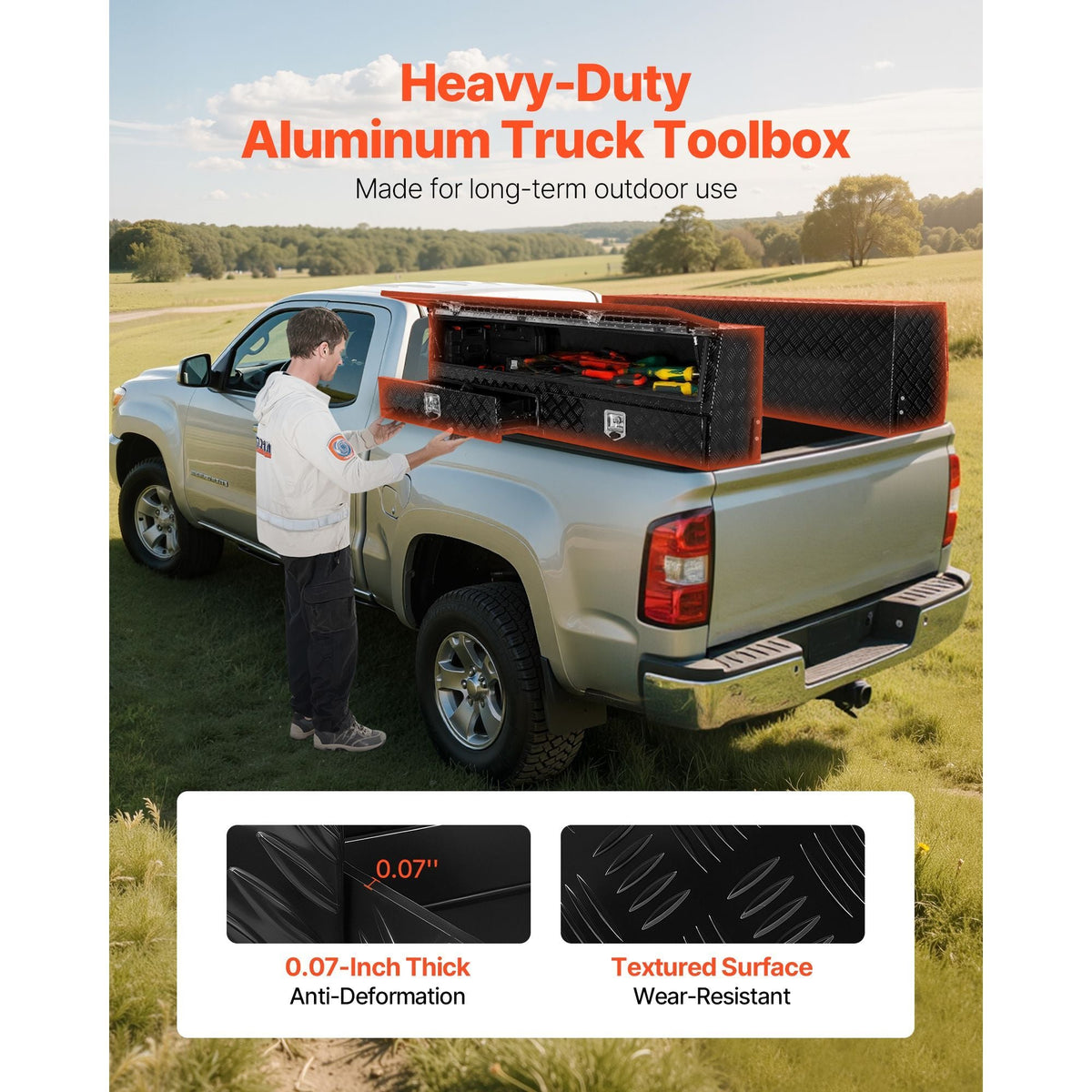 Contractor Truck Tool Box, 72 x 21 x 13 in, Black Tread Aluminum TopSider Toolbox with Two Lower Drawers, Flip Up Door, Weather-Resistant Heavy Duty Storage Box with Latch, for Truck Bed Pickup