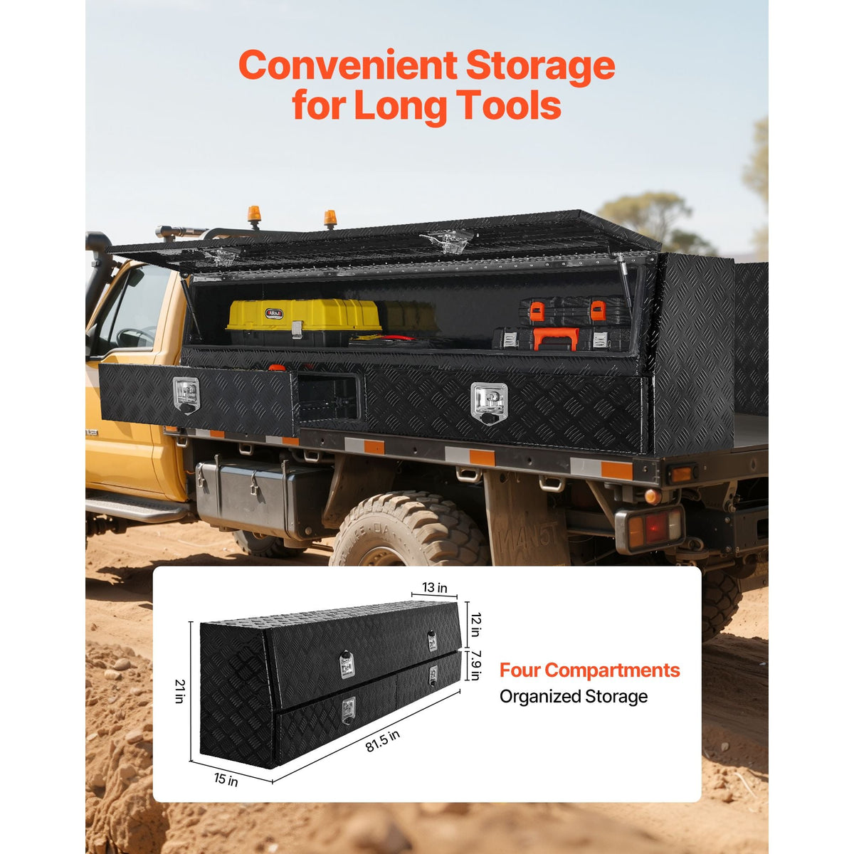 Contractor Truck Tool Box, 81.5 x 21 x 13 in, Black Tread Aluminum TopSider Toolbox with Two Lower Drawers, Flip Up Door, Weather-Resistant Heavy Duty Storage Box, with Latch, for Truck Bed