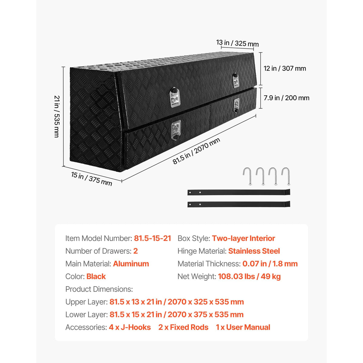 Contractor Truck Tool Box, 81.5 x 21 x 13 in, Black Tread Aluminum TopSider Toolbox with Two Lower Drawers, Flip Up Door, Weather-Resistant Heavy Duty Storage Box, with Latch, for Truck Bed
