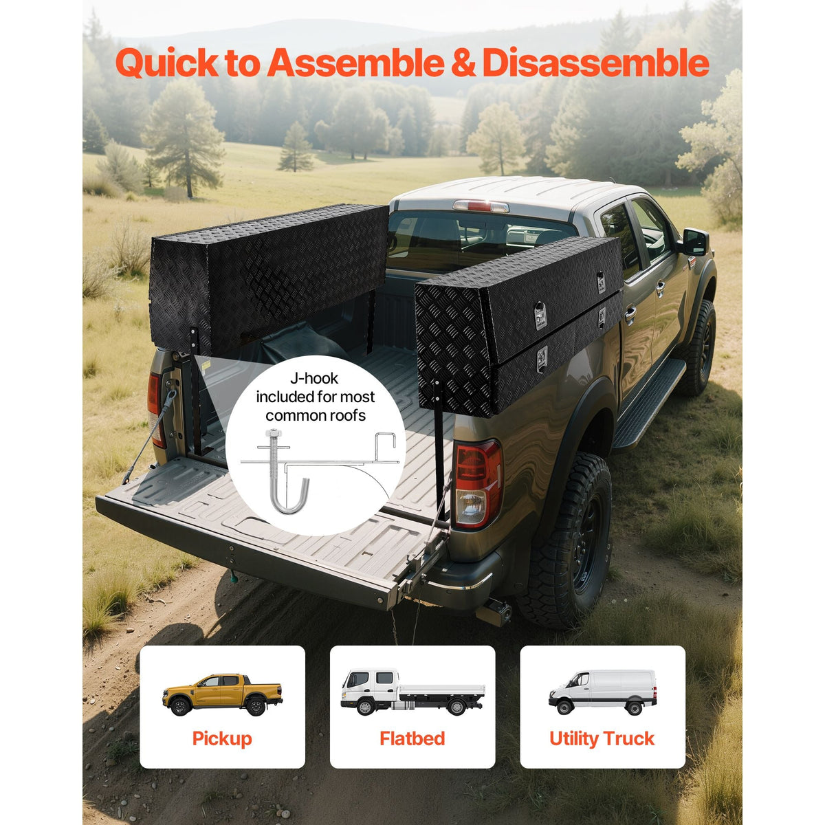 Contractor Truck Tool Box, 81.5 x 21 x 13 in, Black Tread Aluminum TopSider Toolbox with Two Lower Drawers, Flip Up Door, Weather-Resistant Heavy Duty Storage Box, with Latch, for Truck Bed