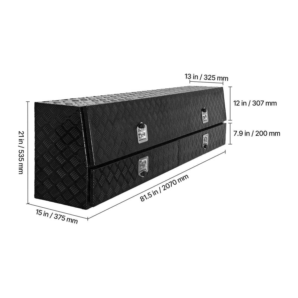 Contractor Truck Tool Box, 81.5 x 21 x 13 in, Black Tread Aluminum TopSider Toolbox with Two Lower Drawers, Flip Up Door, Weather-Resistant Heavy Duty Storage Box, with Latch, for Truck Bed