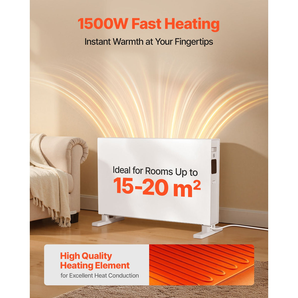 Convection Panel Heater, 1500W Electric Panel Space Heater with Remote & Touch Control, 3 Modes, 24H Timer, Stand or Wall Mount Design with Anti-Tipping & Overheat Protection for Home and Office