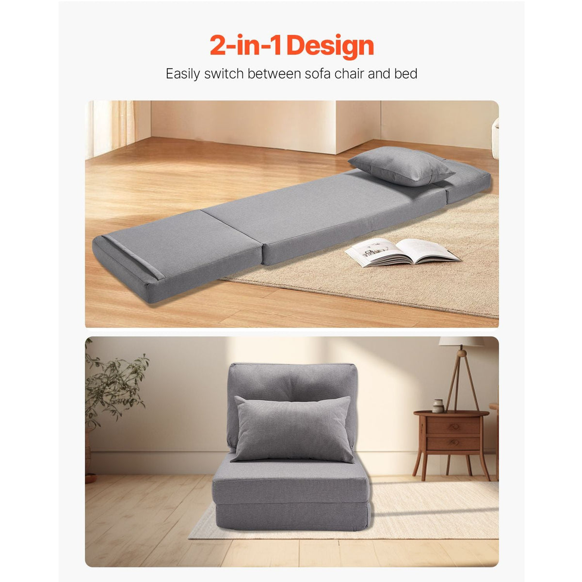 Convertible Flip Chair, 5-Position Adjustable Floor Lazy Sofa, Folding Upholstered Couch Bed with Adjustable Backrest Metal Frame and Pillow, Folding Sofa Bed Chair for Living Room Bedroom, Gray