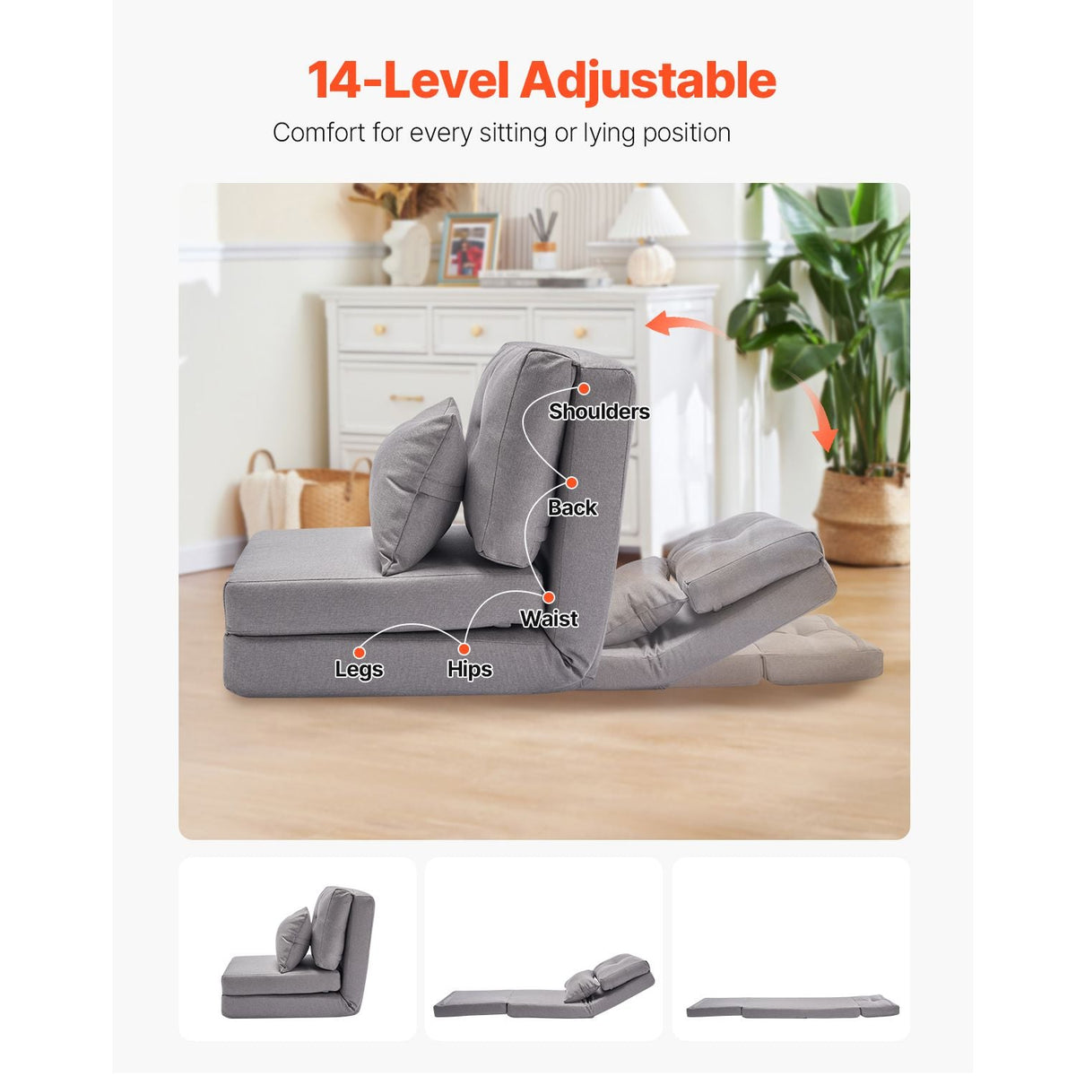 Convertible Flip Chair, 5-Position Adjustable Floor Lazy Sofa, Folding Upholstered Couch Bed with Adjustable Backrest Metal Frame and Pillow, Folding Sofa Bed Chair for Living Room Bedroom, Gray