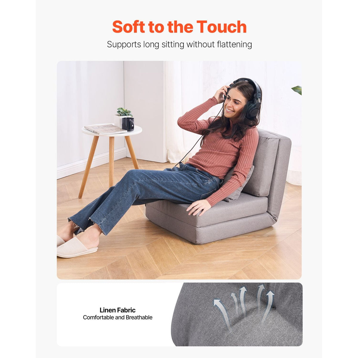 Convertible Flip Chair, 5-Position Adjustable Floor Lazy Sofa, Folding Upholstered Couch Bed with Adjustable Backrest Metal Frame and Pillow, Folding Sofa Bed Chair for Living Room Bedroom, Gray
