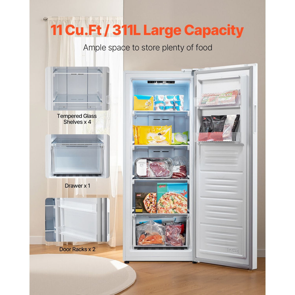 Convertible Freezer/Refrigerator, 11 Cu.Ft Frost Free Upright Freezer with Temp Control Panel, Reversible Door, Adjustable Glass Shelves and LED, Standing Fridge for Kitchen, Office, Garage