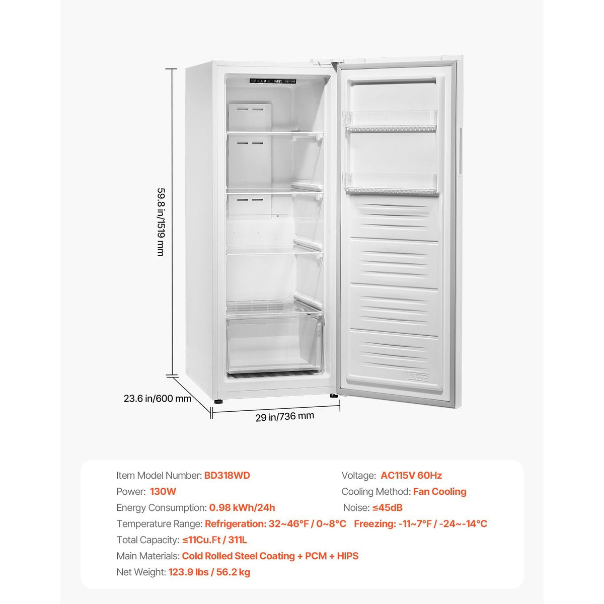 Convertible Freezer/Refrigerator, 11 Cu.Ft Frost Free Upright Freezer with Temp Control Panel, Reversible Door, Adjustable Glass Shelves and LED, Standing Fridge for Kitchen, Office, Garage