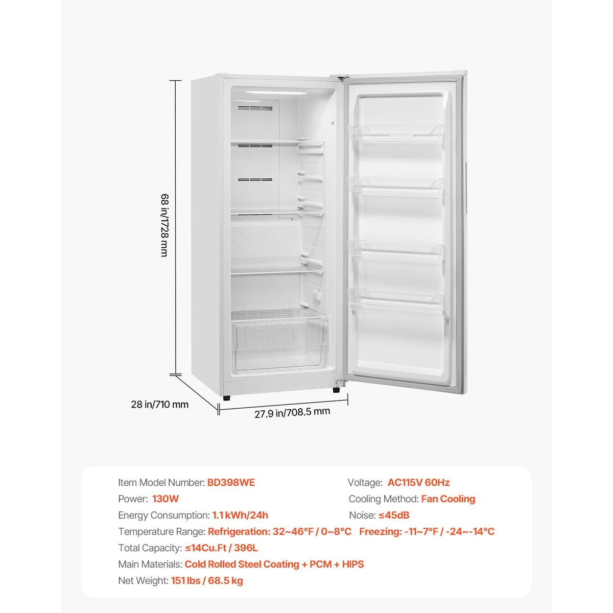 Convertible Freezer/Refrigerator, 14 Cu.Ft Frost Free Upright Freezer with Temp Control Panel, Door Open too Long Alarm, Adjustable Shelves and LED, Standing Fridge for Kitchen, Office, Garage