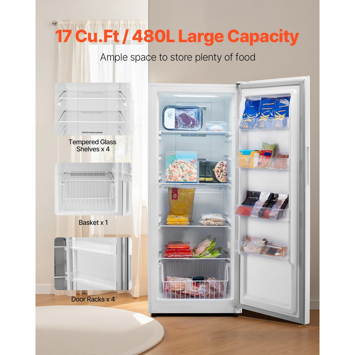 Convertible Freezer/Refrigerator, 17 Cu.Ft Frost Free Upright Freezer with Temp Control Panel, Door Open too Long Alarm, Adjustable Shelves and LED, Standing Fridge for Kitchen, Office, Garage