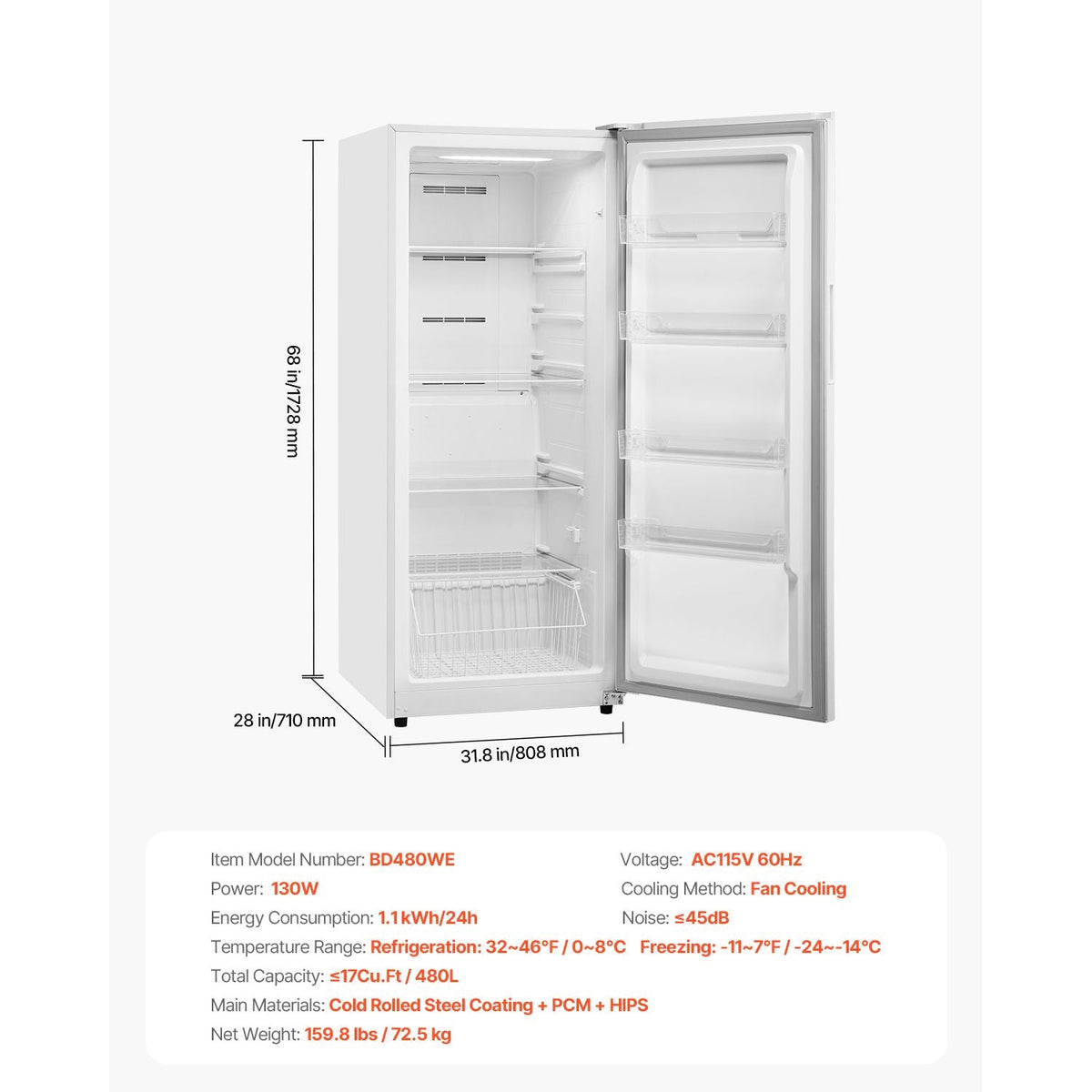Convertible Freezer/Refrigerator, 17 Cu.Ft Frost Free Upright Freezer with Temp Control Panel, Door Open too Long Alarm, Adjustable Shelves and LED, Standing Fridge for Kitchen, Office, Garage