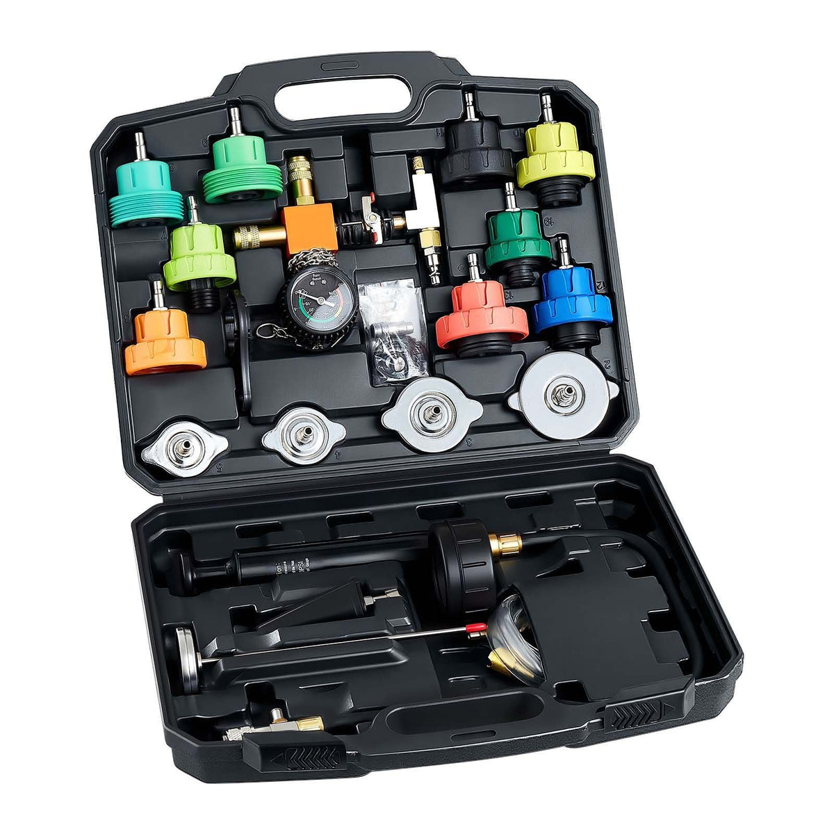 Coolant Pressure Tester Kit, 28Pcs Radiator Vacuum Refill Kit with 4 Adapters, Universal Fit, Automotive Cooling System Pressure Tester Kit, with Pressure Pump & Aluminum Alloy Purge Filler